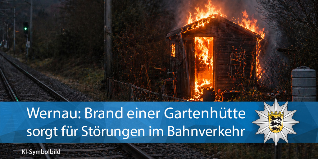PolizeiRT's tweet image. 🔥🏡  👉 🚧 🛤️ 

#Wernau: Der #Brand einer Gartenhütte sorgte am Donnerstagabend für eine gesperrte Bahntrasse zwischen #Plochingen und #Wendlingen

ℹ️ Alle Infos: presseportal.de/blaulicht/pm/1…