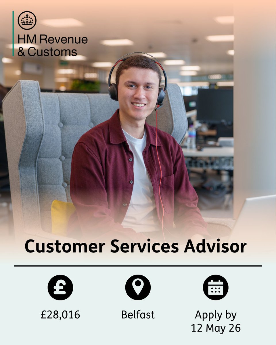 HMRCcareers's tweet image. 📣 Belfast — we’re hiring!

Join HMRC as a Customer Services Advisor. No experience needed — just great people skills and a passion for helping others.

Apply now 👇
civilservicejobs.service.gov.uk/csr/jobs.cgi?j…

#PeoplePurposePotential #CivilServiceJobs #NewJob