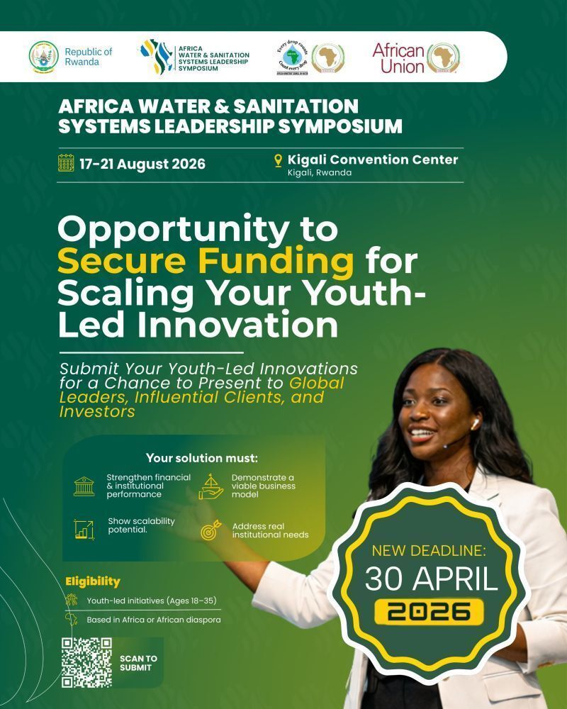 SNAfricaNews's tweet image. Great opportunity for youth-led WASH innovation in Africa

📅 Application deadline: 30 April 2026
📥 Apply here:africawatersystems.org/submissions 

Inclusive participation is strongly encouraged, including youth with disabilities.

#ApplyNow