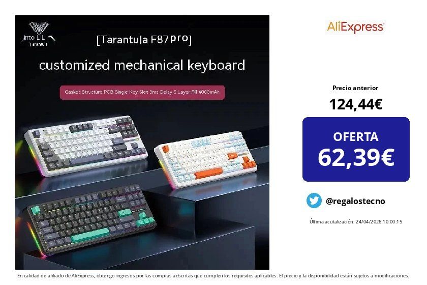 RegalosTecno's tweet image. ❌ Precio anterior: 124,44 € 
💶 OFERTA: 62,39 € (-49%)

✅ Cómpralo aquí 👉 bit.ly/4sVDzwt

Teclado mecánico AULA F87 Pro 2,4g/Usb/Bluetooth modo Tri inalámbrico 87 teclas Rgb junta Pbt silenciador de 5 capas tecla completa sin…

 #PCs