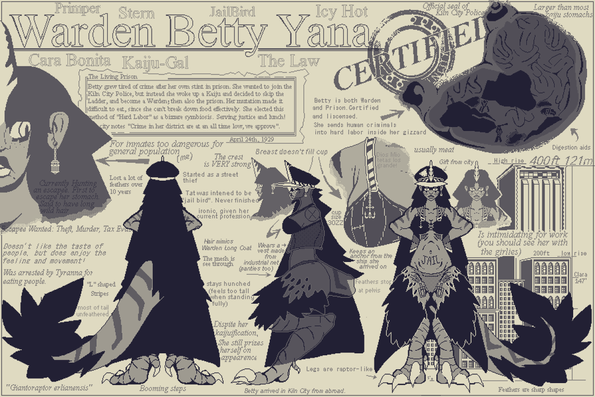 HelmSmall's tweet image. Criminals beware! Hard Labor awaits in the belly of the beast! Prepare for your "En-churn-ment"!

Finished her ref sheet! Betty Yana,
the 400ft Kaiju-gal Warden &amp;amp; Prison.

#giantess #sizetwitter #vore