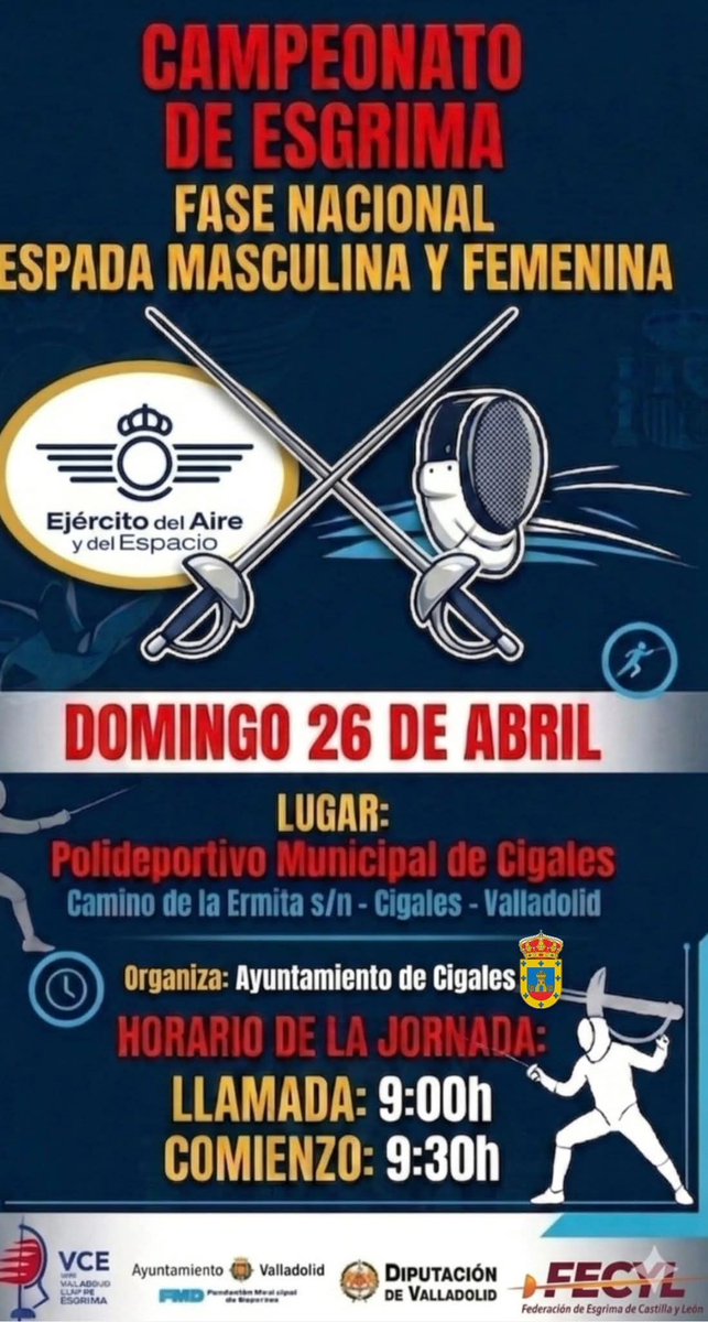 TurismoCigales's tweet photo. El próximo domingo 26 de abril a partir de las 9:00 h. el Polideportivo Municipal de Cigales acogerá la Fase Nacional de Espada Masculina y Femenina de esgrima https://t.co/xa8nX6rTep