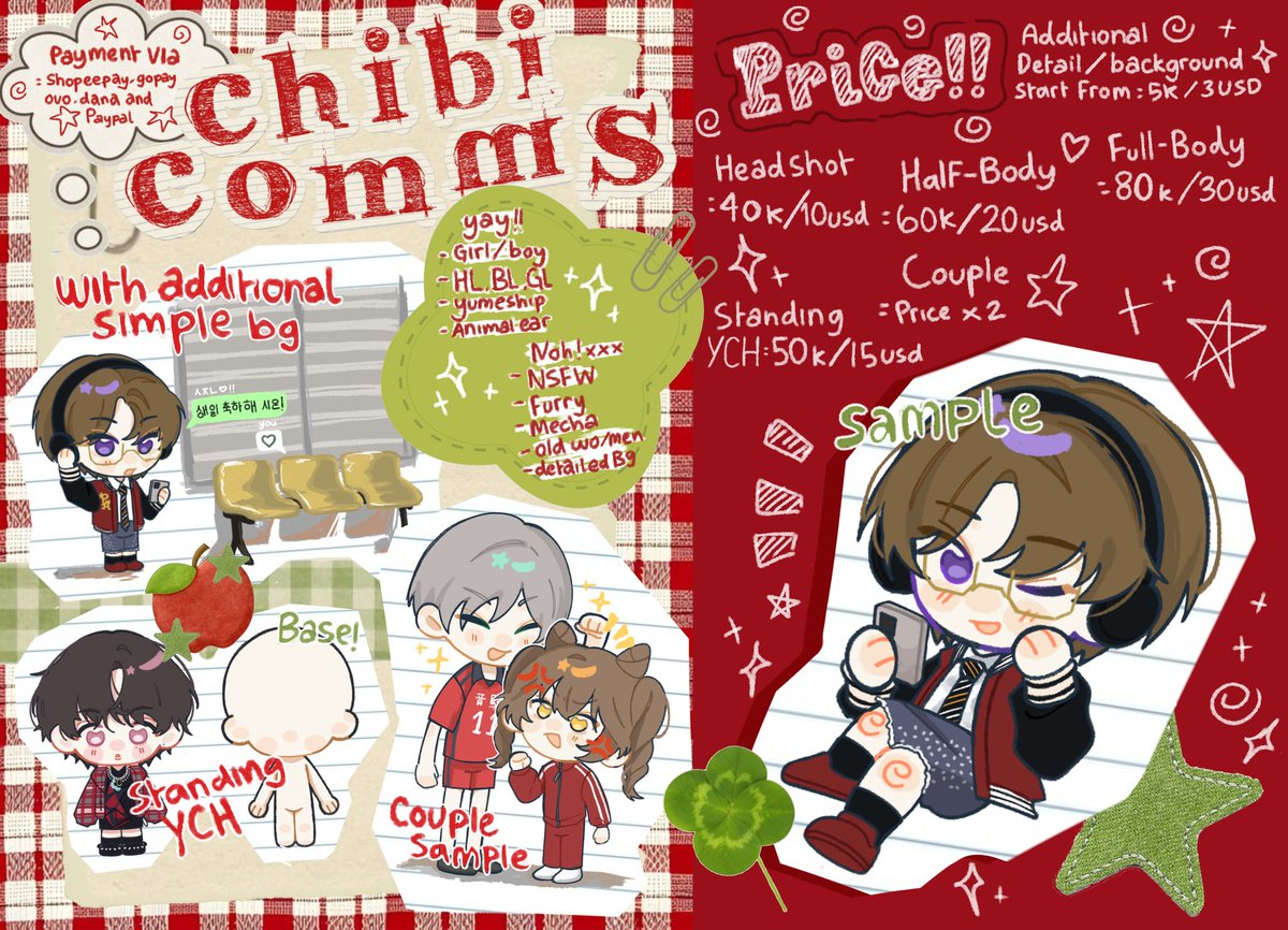 CHIBI COMMISSION OPEN!! (By Sakuukanojo)
Local &amp; International commission!!
[ ♡ &amp; ↺ are appreciated !!! ]

carrd link and vgen below ↓↓
#opencommission #Commission_art #commissions #artidn #Zonauang #zonajajan #commissionID #Vgencommission #vgen
