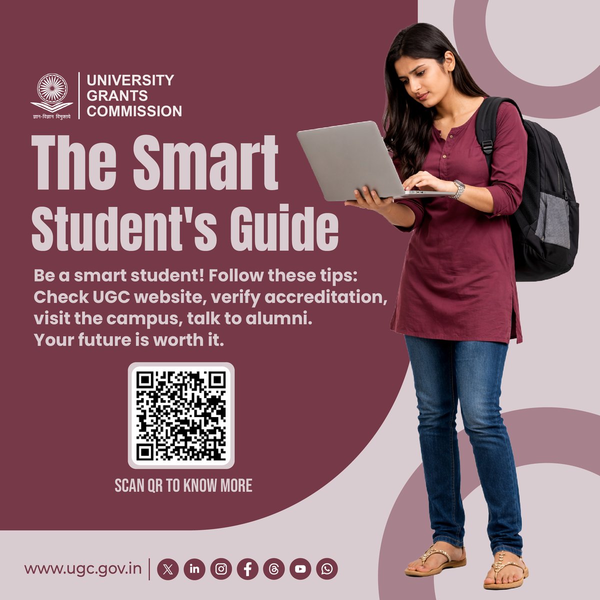 ugc_india's tweet image. 🎓 Be a smart student—make informed choices!

Before selecting a university, verify details, check accreditation, and gather the right information. Your future deserves careful decisions.

🔎 Verify here: ugc.gov.in

#StudentAwareness #HigherEducation #ChooseRight
