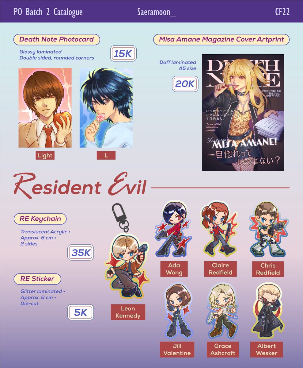 🩵 &amp; 🔁 appreciated! 
PO Batch 2 #CF22 open! 

🗓️ 24 April - 1 May 2026
📍 R-37a Plenger Plangor (2 days)
🛒 Pickup &amp; Mail Order
🔗 bit.ly/SaeramoonPO2
✉️ GO DM first

✨ Death Note, Resident Evil, NANA, Apothecary Diaries, Genshin/HSR

#comifuro22 #cf22 #comifuro22catalogue
