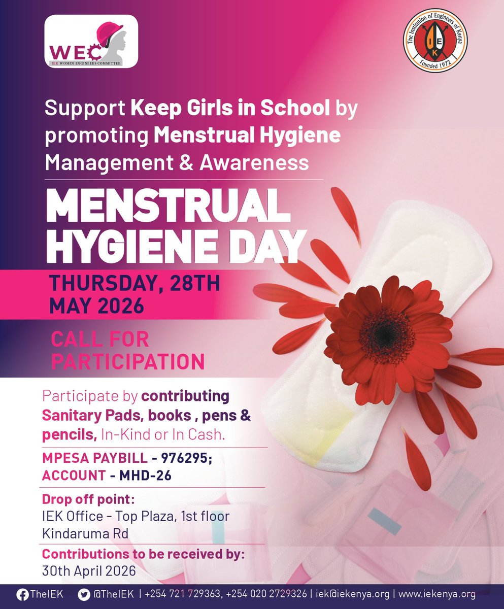 auka_maureen's tweet photo. Join the Institution of Engineers of Kenya (IEK) and IEK Women Engineers Committee (WEC) during this year's Menstrual Hygiene Day in supporting girls to stay in school by promoting dignity, access, and awareness. Your contribution, whether sanitary pads, school supplies, or financial support can make a lasting difference.

To support;
Mpesa paybill; 976295
Account;         MHD-26

You can also drop off your contributions at our offices located at Top Plaza, 1st floor, Kindaruma Road

Let’s break the stigma, uplift futures, and keep girls learning