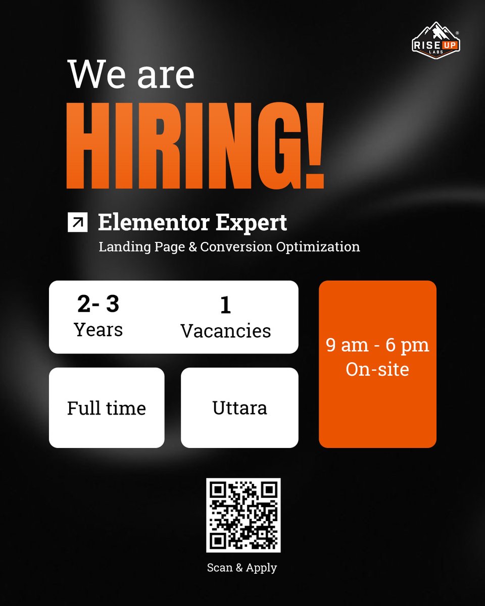 RiseupLabs's tweet photo. We’re hiring an Elementor Expert 🚀

Build high-converting landing pages &amp; optimize for performance and growth.

Apply Now: https://t.co/t17NhzVgMl
📍 Uttara, Dhaka (On-site)
🕘 9 AM – 6 PM
💼 Full-time | 2–3 yrs exp
📲 Apply now (scan QR) https://t.co/Bb5oqWSsxI