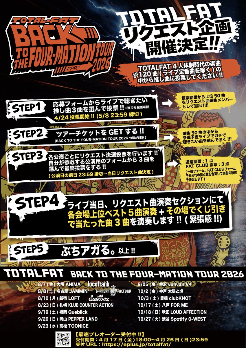 【TOTALFAT】
8月から全国13箇所を巡る新体制ツアー 
『BACK TO THE FOUR-MATION TOUR 2026』
リクエスト企画開催‼️

ライブ定番曲を除いた過去の4ピース時代楽曲(約120曲！)の中から、ファンのセレクトによって各会場セットリストが変動するツアーをみんなでつくりましょう🔥🔥