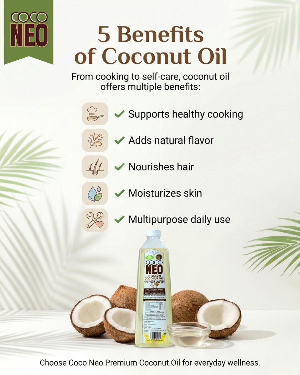 CocoO24464's tweet image. 5 reasons to choose coconut oil 🌿
Cooking ✔ Hair ✔ Skin ✔ Daily wellness ✔
#coconutoil #healthychoices #naturalcare