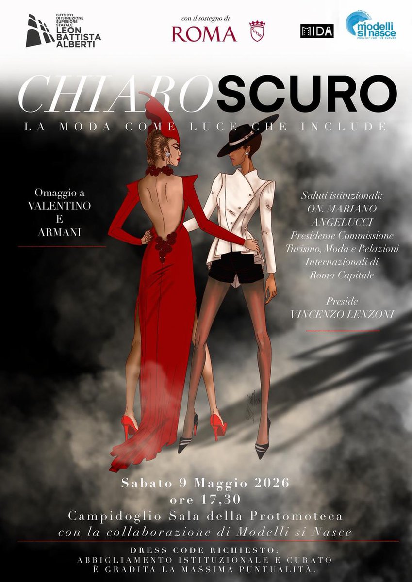 VLenzoni48937's tweet photo. Sfilata di Alta Moda con abiti ideati e realizzati dalle studentesse e dagli studenti dell’Indirizzo Moda dell’Istituto Leon Battista Alberti. La sfilata in onore degli stilisti italiani scomparsi, Valentino e Giorgio Armani, si terrà al Campidoglio il giorno 9 maggio 2026. https://t.co/YYDI5HT2ec