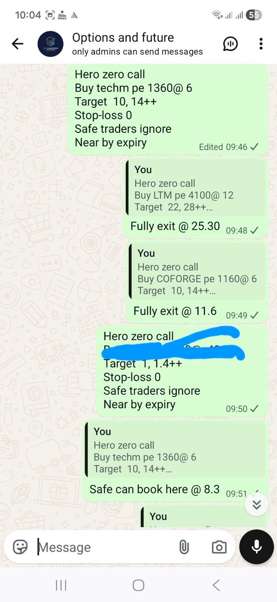 Surendraanalyst's tweet photo. This month options premium group 34 put/ call hit
Stop-loss hit 5 call
Today options premium group 7put (PE) hit
#Persistent pe 24 to 35.50
#Tcs PE 15 to 26.5
#Naukri PE 6 TO 11.6
#Ltm pe 12 to 25.6
#coforge pe 6 to 11.6
#techm pe 6 to 11.6
#Nifty pe 91 to 153
To join #Premium_group message me on WhatsApp @9928524806