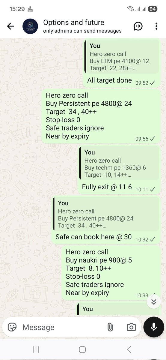 Surendraanalyst's tweet photo. This month options premium group 34 put/ call hit
Stop-loss hit 5 call
Today options premium group 7put (PE) hit
#Persistent pe 24 to 35.50
#Tcs PE 15 to 26.5
#Naukri PE 6 TO 11.6
#Ltm pe 12 to 25.6
#coforge pe 6 to 11.6
#techm pe 6 to 11.6
#Nifty pe 91 to 153
To join #Premium_group message me on WhatsApp @9928524806