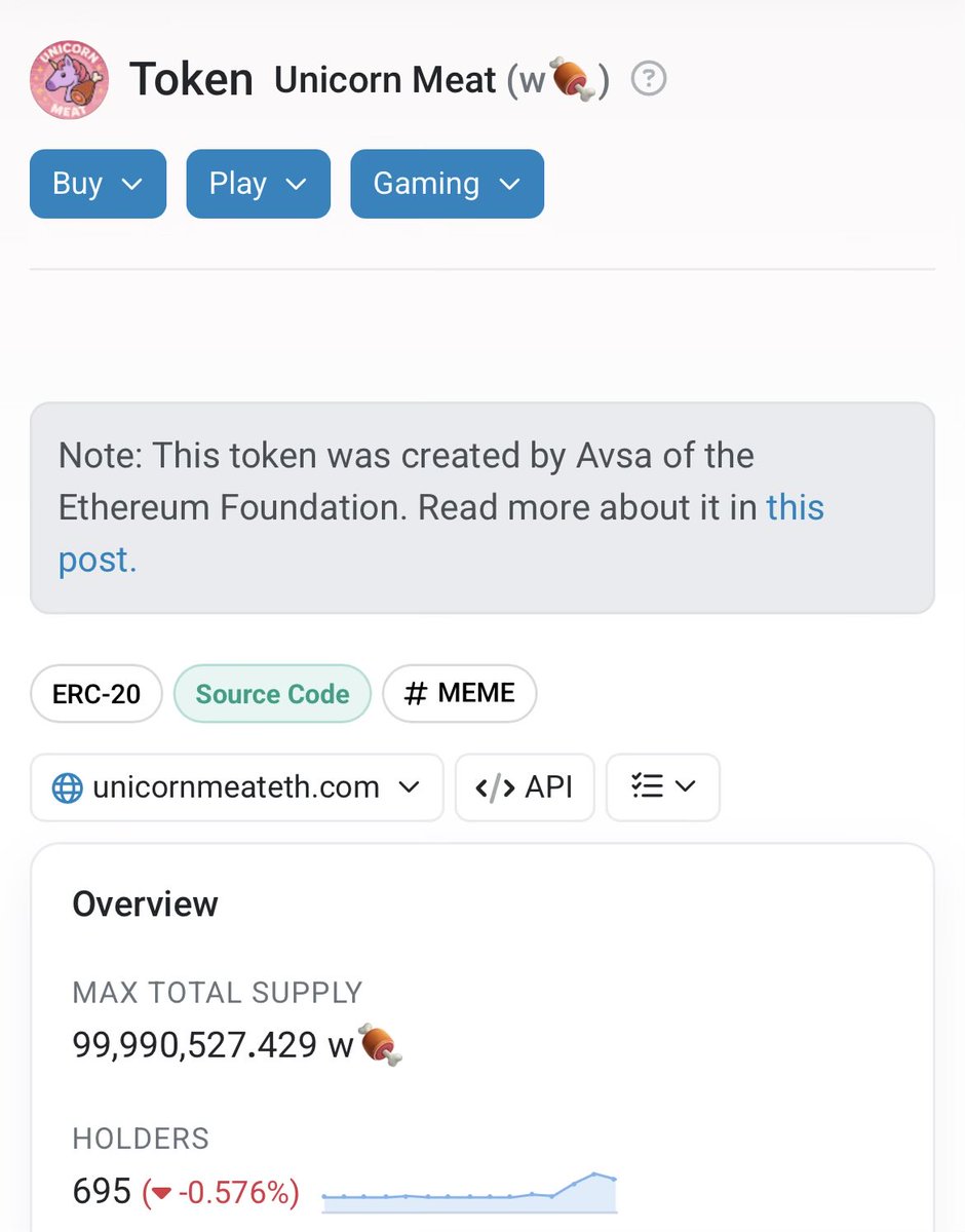 cartoonitunes's tweet photo. Etherscan has added the same note to the Unicorn Meat wrapper contract as well. 🍖🎉

Now it’s even easier to learn about Unicorn Meat, Unicorns, the Ethereum Foundation, and the legend Avsa.

Next an Ethereum History Card? 📖🖼️ https://t.co/Sdpz6Jl9ab