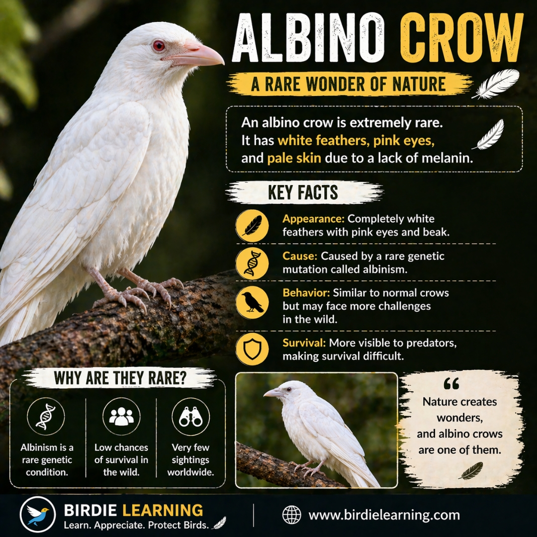 birdielearning's tweet image. Albino crow 🐦

• White feathers
• Pink eyes
• Extremely rare 👀
A true wonder of nature ✨

Read more : birdielearning.com/albino-crow/

#AlbinoCrow #BirdFacts #NatureLovers #Wildlife