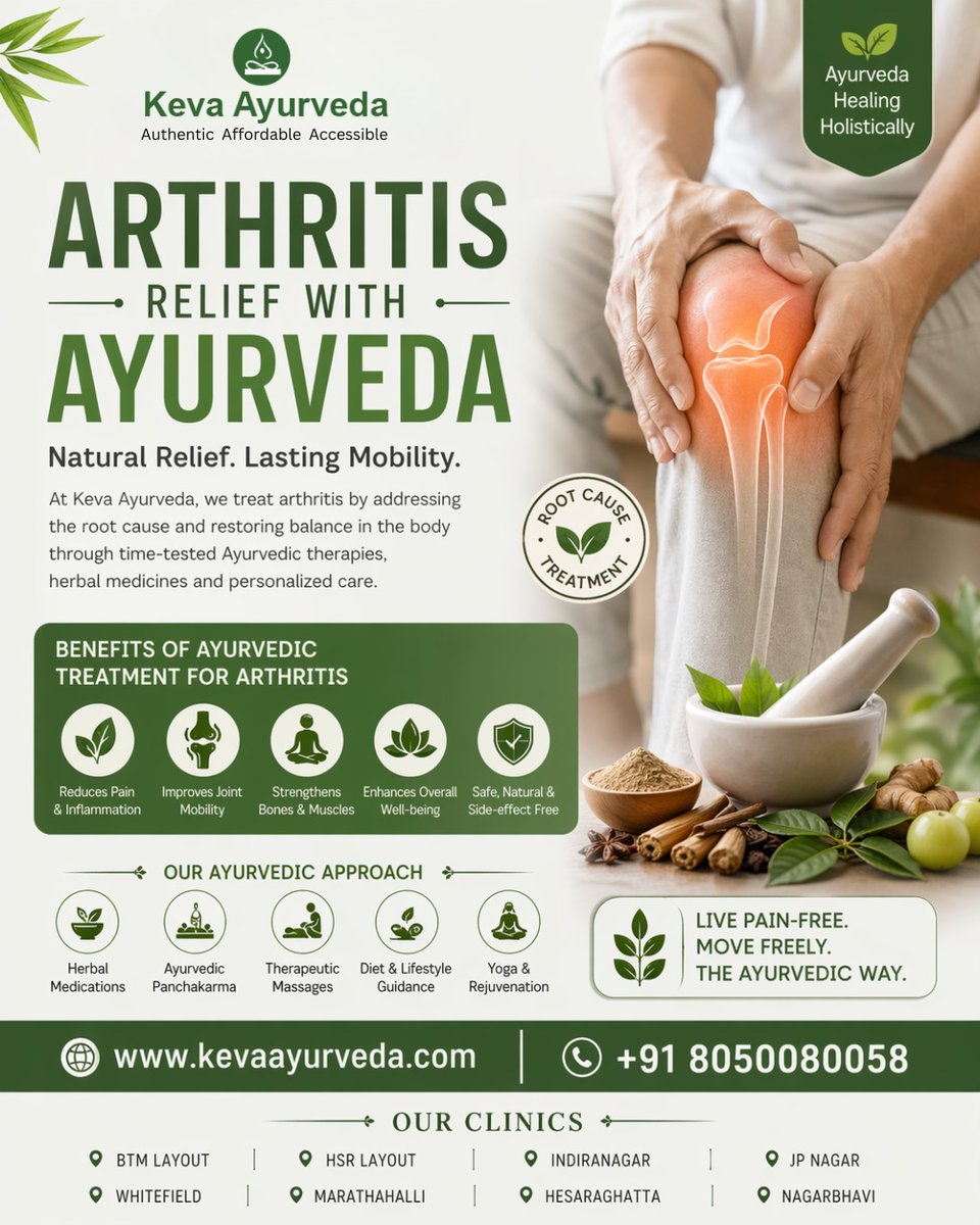 kevaayurveda's tweet image. 🌿 Arthritis pain slowing you down?
Try natural healing with Ayurveda 💚
✔️ Reduces pain &amp;amp; inflammation
✔️ Improves mobility
✔️ No side effects
📞 +91 8050080058
#ArthritisRelief #Ayurveda #HSRLayout #Bangalore