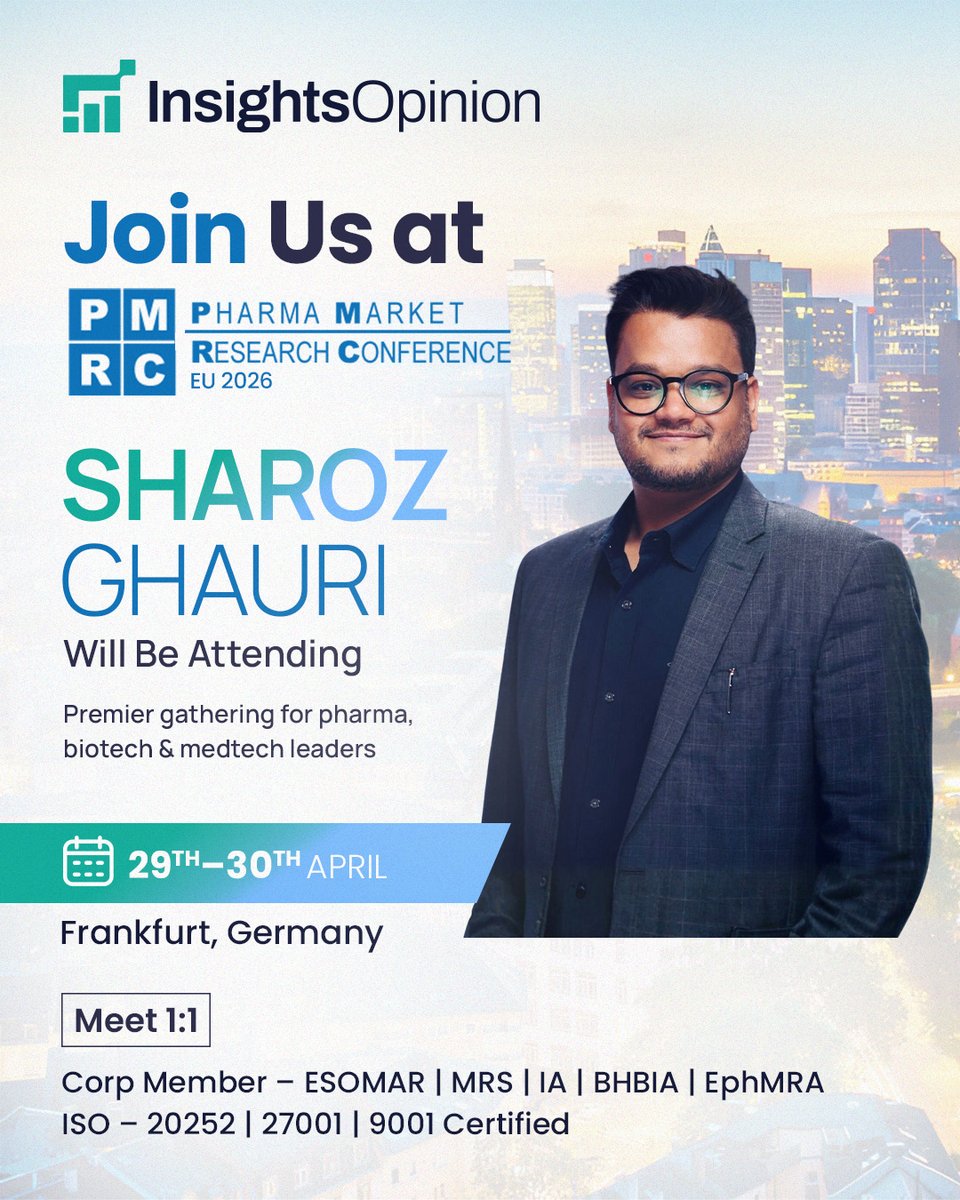 insightsopn's tweet image. Sharoz Ghauri will be at PMRC EU Pharma Conference 2026, Frankfurt, on April 29–30. 🌍Attending too? Let’s connect.

📩  Book a 1:1 meeting with Sharoz
🔗 …pe.pharmamarketresearchconference.com

#PMRC #MRX #Conference #InsightsOpinion #healthcareinsights #Fieldwork  #Germany #MarketResearch