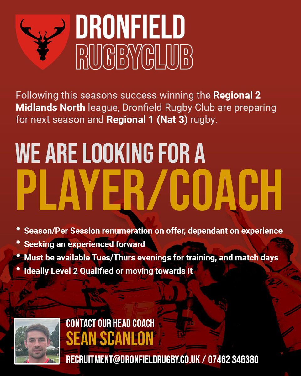 Dronfieldrugby's tweet image. 🔴⚫️  PLAYER/COACH WANTED Following the success of this season and getting promoted to Regional 1 (Nat 3) we are looking to expand our coaching staff.

We are seeking an experienced forward looking to take on the dual role of player/coach.

#upthedron #newseason #recruitment