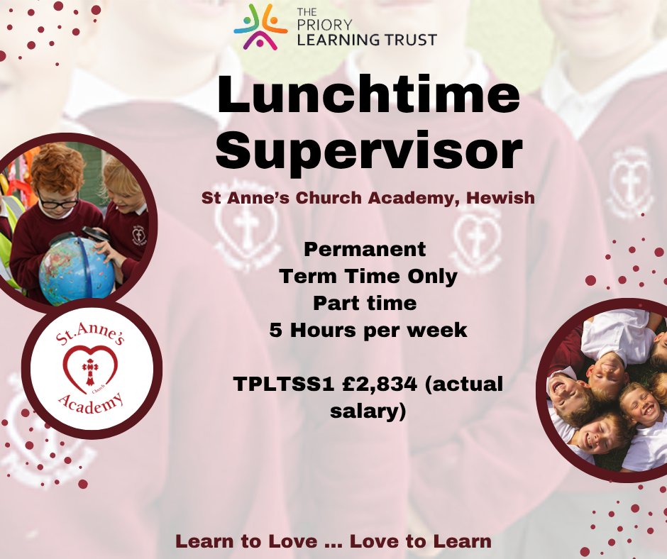 TPLTCareers's tweet image. St Anne's Church Academy, Hewish is looking for a friendly &amp;amp; caring Lunchtime Supervisor.

If you’re empathetic, love engaging with children, and want to help them flourish, we’d love to meet you! 🙌✨

tinyurl.com/4u4yevdc

#Primary #JoinUs