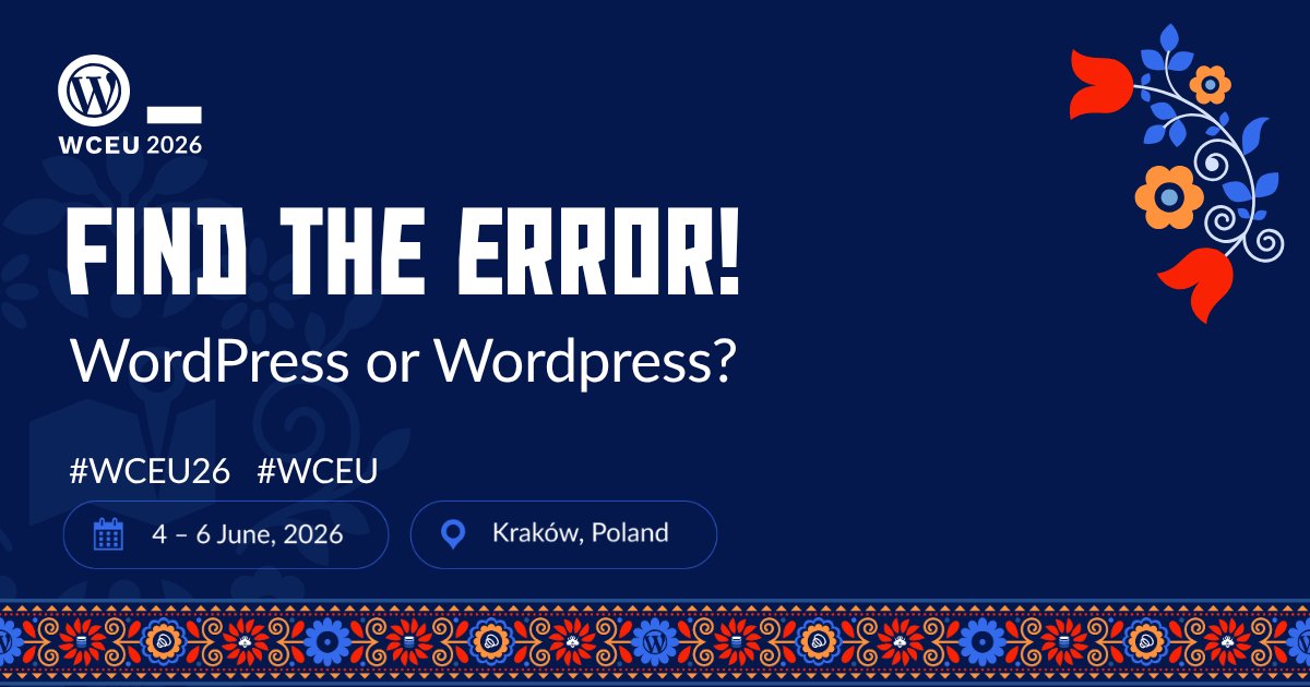 WCEurope's tweet image. Do you pay attention to details? Let’s see!

Can you find the error in this image? Write the correct answer in the comments below, add the hashtag symbol before your anwser. 

More about #WCEU26: bit.ly/49xgNoh 

#WCEU #WordPress #WordCamp #Krakow #OpenSource