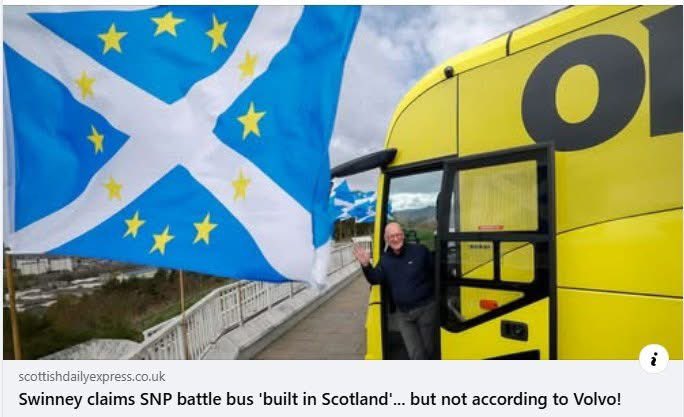 DOH !!!........
John Swinney's battle bus is a Volvo 9700 and the Swedish motor industry giant has no factories in Scotland yet Swinney told PA that the bus was built in Scotland. 

Let’s vote these liars out on 7th May