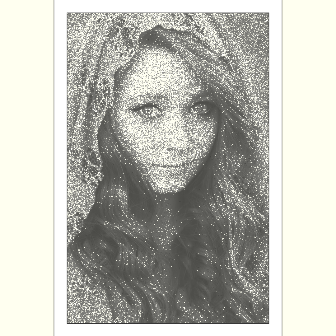 deconbatch's tweet image. 画像の明度が低い箇所ほど、黒点が打たれる確率を高くする。
#processing #creativecoding #Imageprocessing