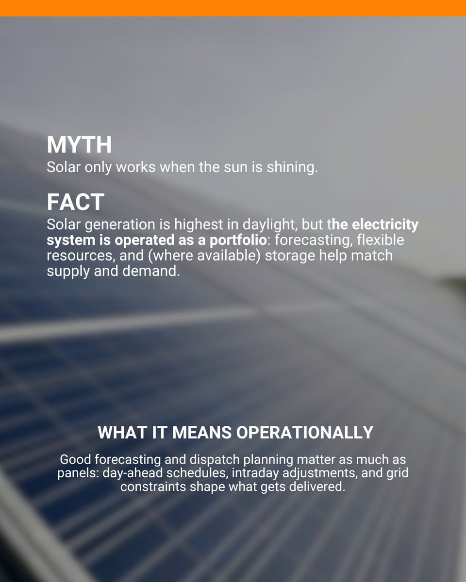 FotowatioRV's tweet image. Three misconceptions about solar + storage—and what they mean in real operations.

Myth → Fact → Operational reality:
• ☀️ Solar only works with sun
• 🔋 Batteries are only for backup
• ⚡ Curtailment = wasted energy

Next topic to myth-bust?
#FRV #Solar #Storage #Grid