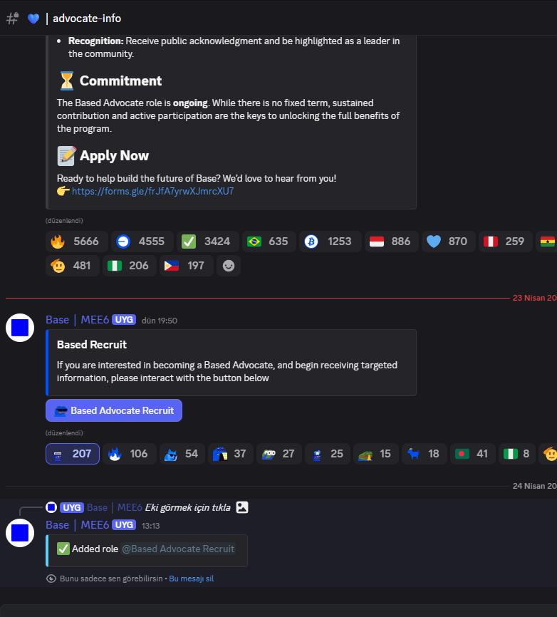 xTugrakripto's tweet image. Selamlar @base Discord kanalına Based Advocate Recruit diye bir rol eklenmiş. 

Eğer uygunsanız hemen bu rolü alabilirsiniz.

#base #BaseApp

base.app/profile/0x9574…
farcaster.xyz/tugra