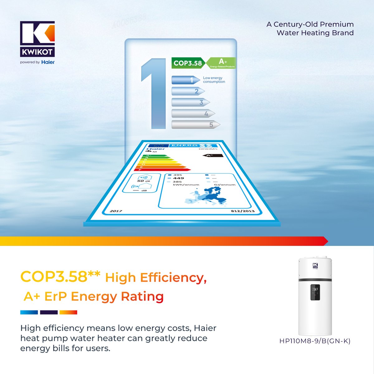 HaierWH's tweet image. ⚡ High Efficiency  
Kwikot All-in-One Heat Pump HP110M8-9/B(GN-K) with COP 3.58 and A+ rating delivers energy-saving hot water and lower bills. ♨️💧  
#Kwikot #EnergySaving #HeatPump #SmartLiving