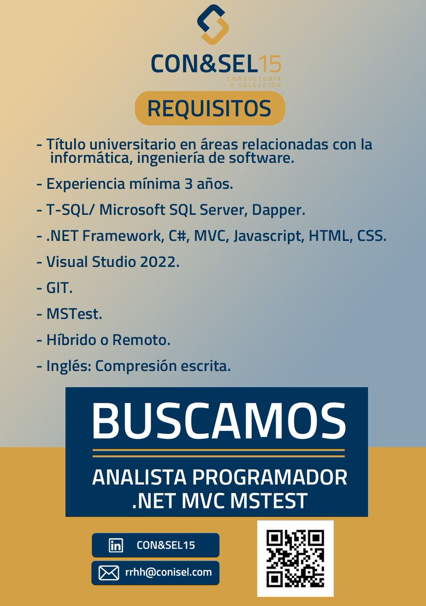 Buenos días #comunidad !!

Tenemos NUEVA #ofertadeempleo 👏

#hiring 🔶 ANALISTA PROGRAMADOR .NET MVC MSTest

✅ Para cliente final.
✅ Título universitario en áreas relacionadas con la informática.
✅ Contrato indefinido.

#Analista #Programador #Net #MVC #MSTest