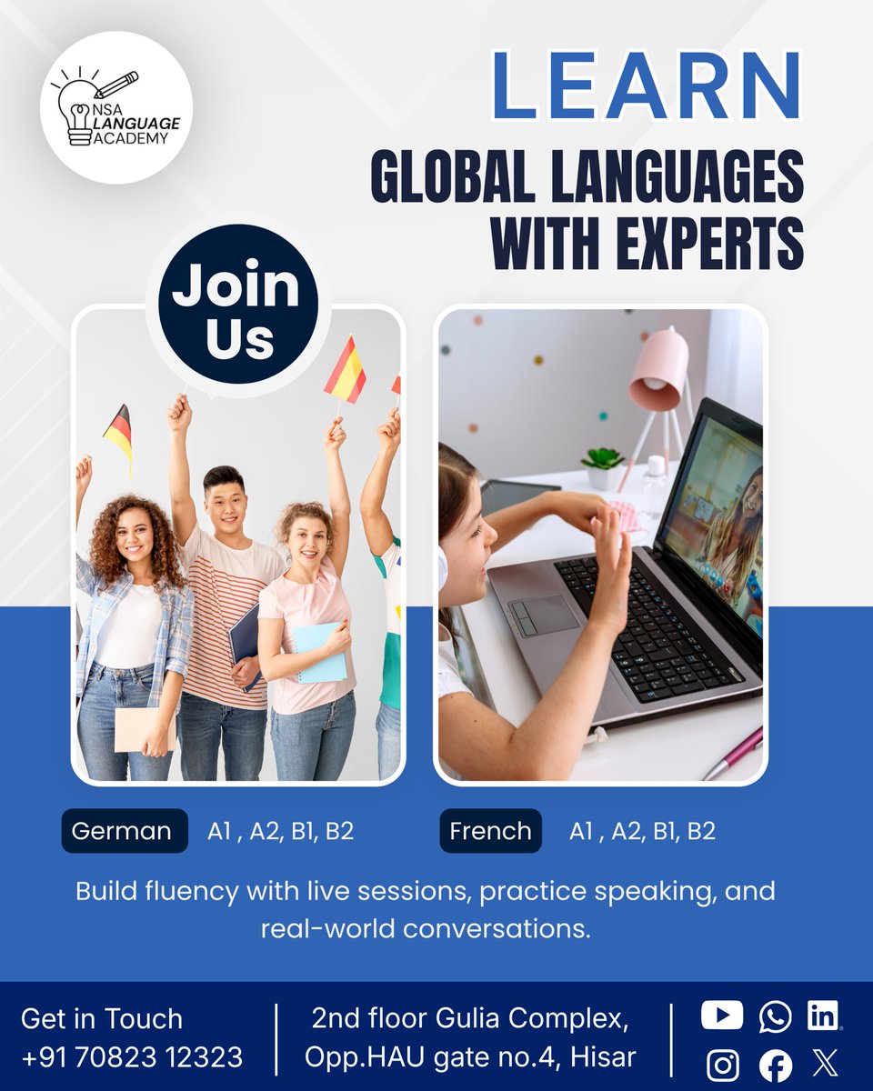 NSALanguage's tweet image. 🌍 Learn Global Languages with Experts at NSA Language Academy!
📞 Call Now: +91 70823 12323
📍 Visit: 2nd Floor, Gulia Complex, Opp. HAU Gate No. 4, Hisar
📲 Follow: @nsa_language_academy
#nsalanguageacademy #learnlanguages #germanclasses #frenchclasses #languagelearning
