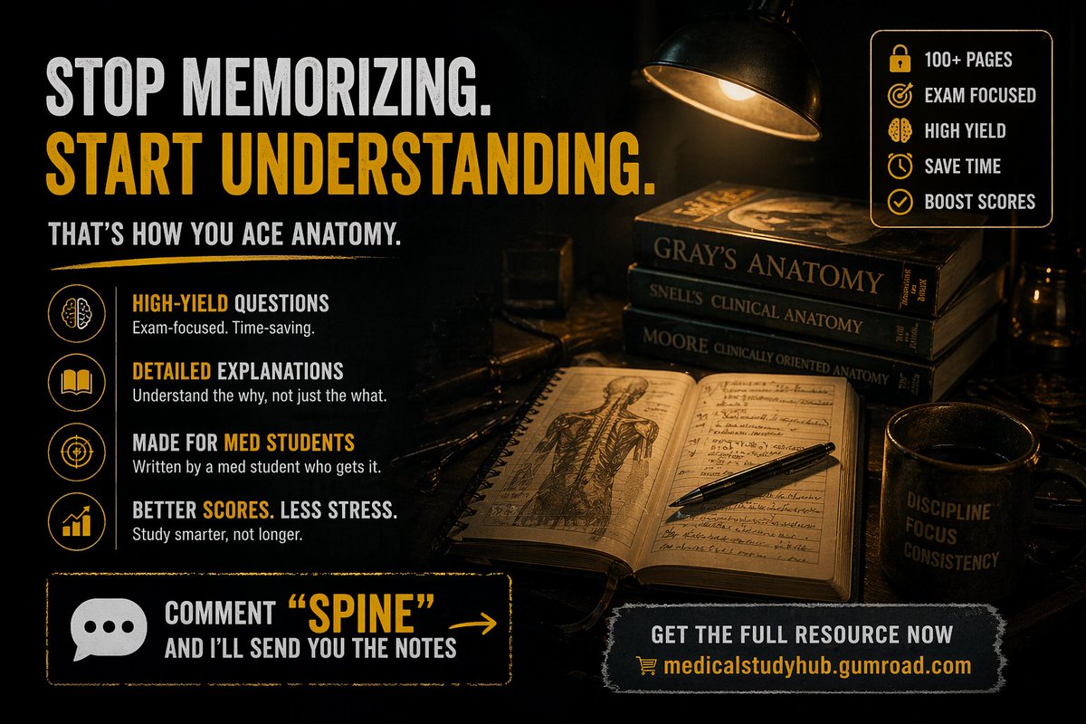 Reginald3627488's tweet image. You don’t fail anatomy…
you study it the wrong way.
Stop memorizing. Start understanding.
👉 medicalstudyhub.gumroad.com⁠�
Comment “SPINE” and I’ll send you notes.
#medstudent #anatomy #studytips #medicalschool
