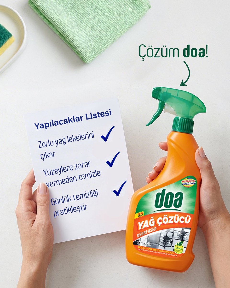 TemizlikDoa's tweet image. Yapılacaklar listeniz hazırsa, mutfaktaki inatçı yağ lekeleri için çözüm: Doa Yağ Çözücü✨

#doa #doatemizlik #doayağçözücü