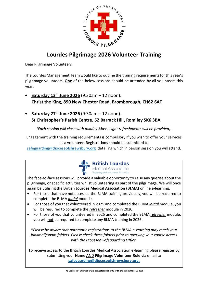 dofs_Lourdes's tweet image. 📅Save the date!
Adult Volunteers are required to attend one of the training sessions listed.
Each session will begin at 9.30 am and conclude with Mass. Light refreshments will be provided.
More information below!

#lourdes #training #volunteers #help #support