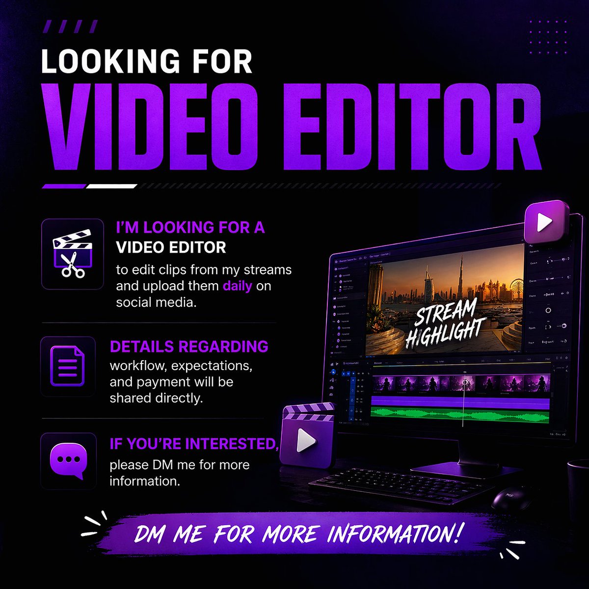 Dooli_official1's tweet image. Looking for a video editor 👨‍💻 who can edit my stream clips and handle daily uploads. 

DM me for more information. 

🔗: kick.com/3adooli 

#Hiring #VideoEditor #hiringvideoeditor