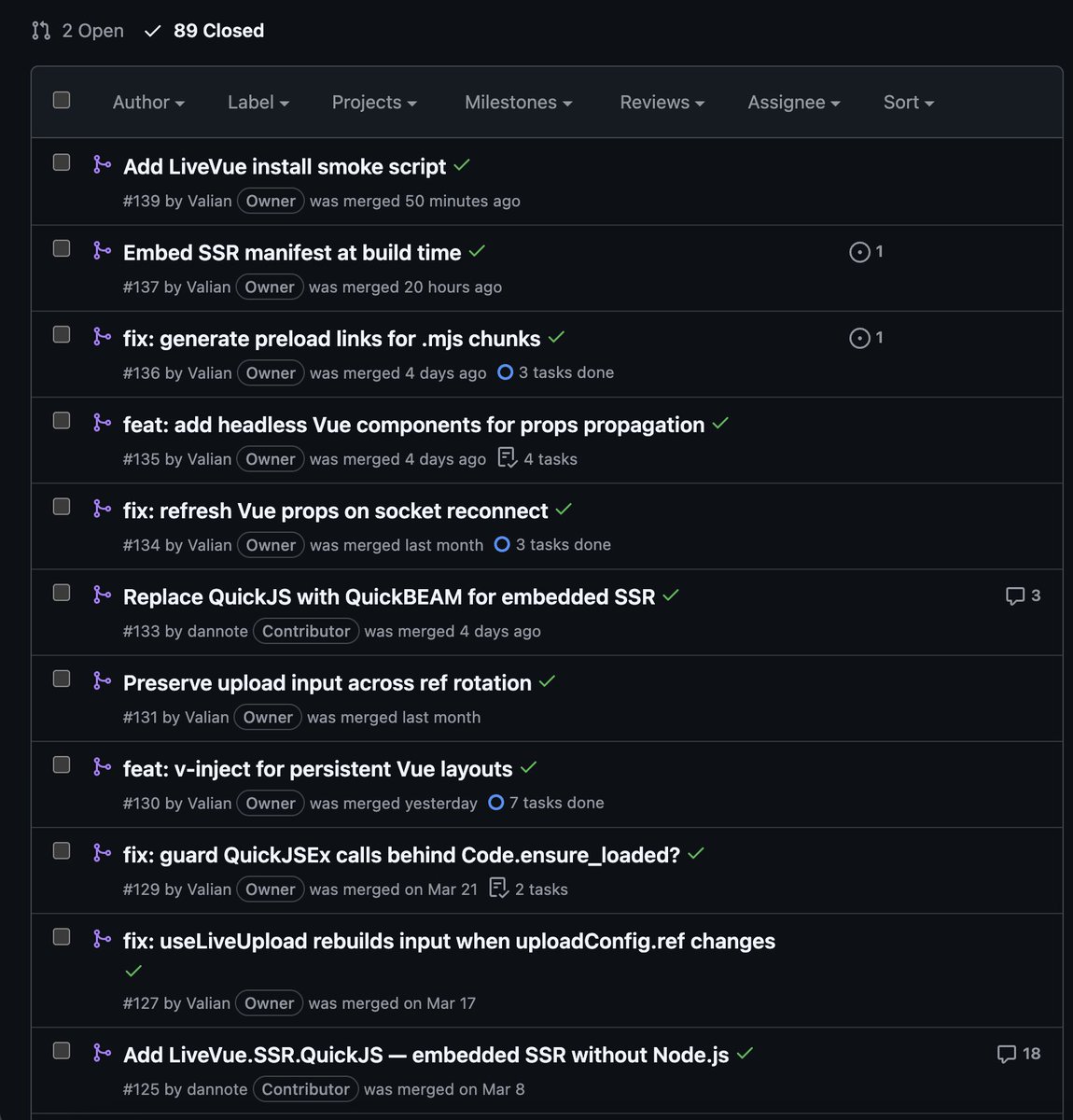 jskalc's tweet photo. LiveVue 1.1 is around the corner!

✅ Node-less SSR via QuickBeam
✅ Persistent layouts via v-inject (slot composition!)
✅ Headless components
✅ A few bug fixes

#myelixirstatus https://t.co/05o7ldU2RG