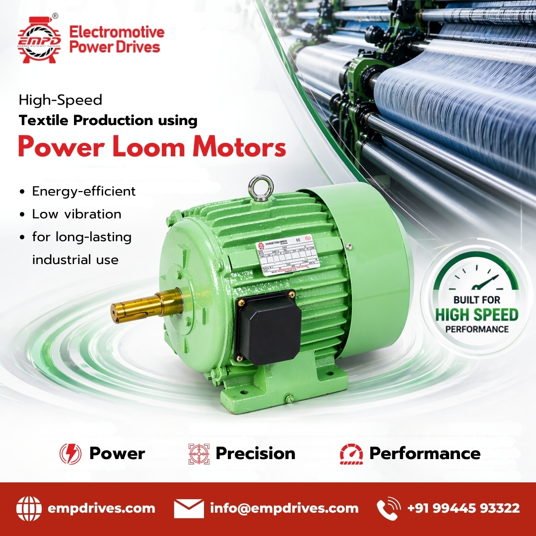 EMP_Drives's tweet photo. 🏭 High-Speed Textile Production using Power Loom Motors
In today’s competitive textile industry, achieving high-speed production with consistent fabric quality is essential. At EMP DRIVE, Coimbatore.
• 🧶 Designed for high-speed textile and weaving operations https://t.co/tckvszCxK8