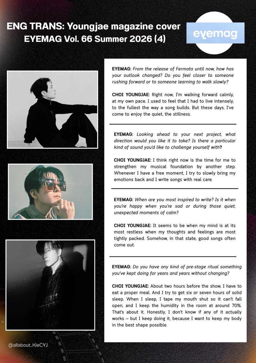 2026.04.24: [Youngjae's story Challenge] D-149    

Eng Trans: EYEMAG Vol. 66 Summer 2026: Youngjae Cover (1)

<a href="/ChoiArs_YJ/">YOUNGJAE</a> <a href="/YOUNGJAExArs/">영재 YOUNGJAE</a> 

**The translation is in the images. There are 6 images in total. Pls do not remove the credit and please help share them widely. Thank you