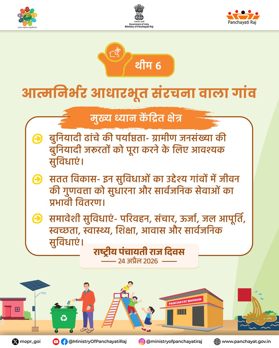 cgpdtm_india's tweet photo. #NationalPanchayatiRajDay
एलएसडीजी थीम 6: आत्मनिर्भर बुनियादी ढांचा युक्त गांव
जहां सड़क, बिजली, पानी और डिजिटल सुविधाएं सभी के लिए उपलब्ध हों।
  बेहतर बुनियादी ढांचा ही गांव को तेज़ी से विकास की ओर ले जाता है।
 #AtmanirbharVillage #InfrastructureForAll #DigitalVillage https://t.co/9QKBnSCrPb