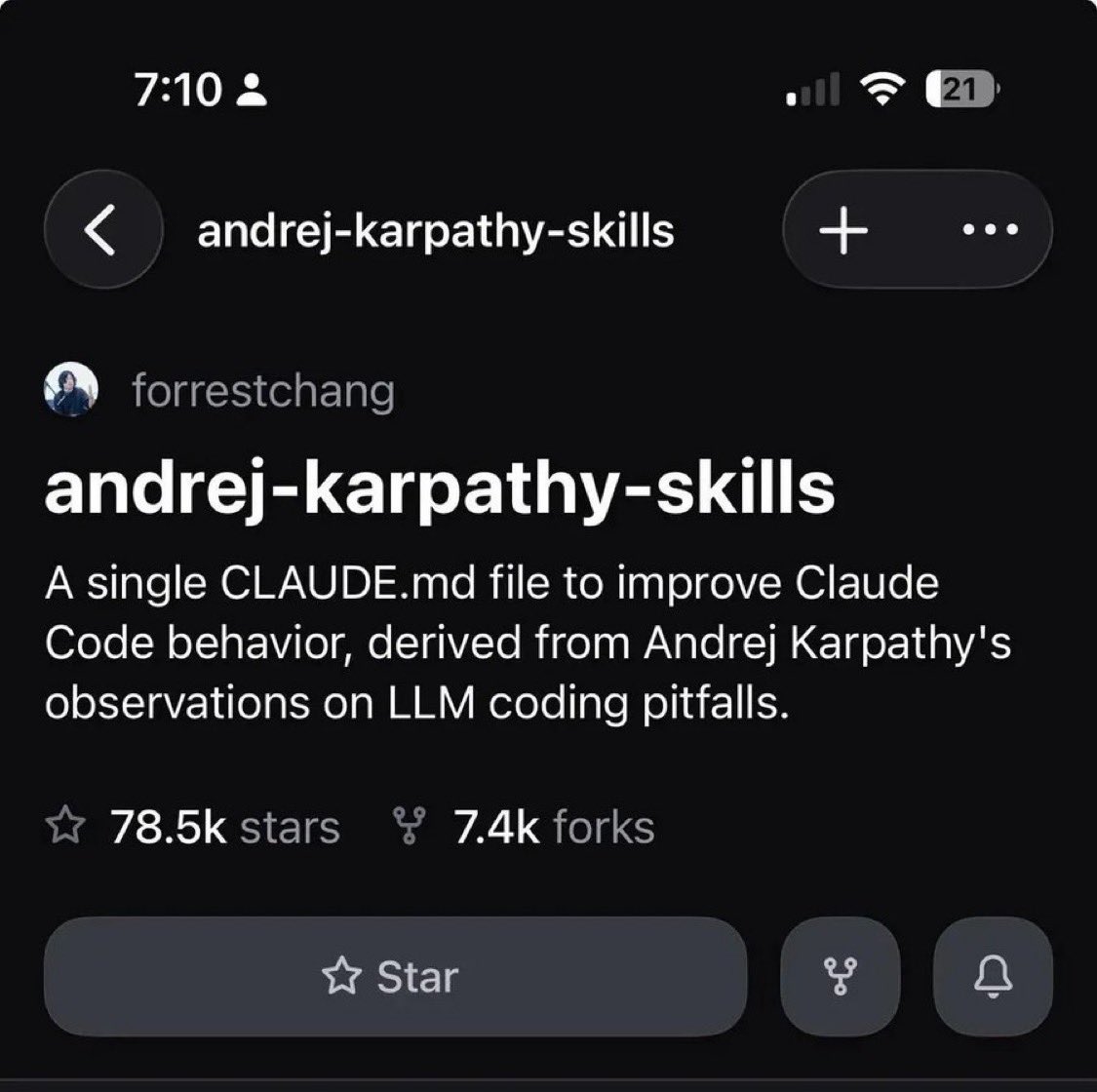 GitHub repository page showing forrestchang andrej-karpathy-skills with 78.5k stars and 7.4k forks
