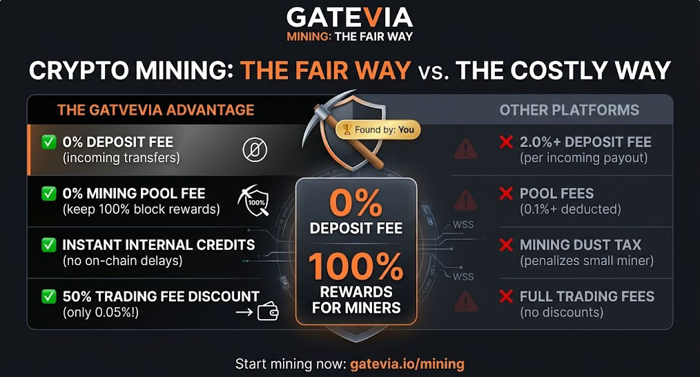 gateviaofficial's tweet image. Losing rewards to "Deposit Fees"? 💸🛑

Stop paying to move your own coins. At Gatevia, we keep it fair:

✅ 0% Fee on ALL Deposits
✅ 0% Mining Pool Fee
✅ Miner Bonus: 0.05% Trading Fee

Keep 100% of what you mine. ⛏️🛡️

🔗 gatevia.io/mining
#Mining #Gatevia #Crypto