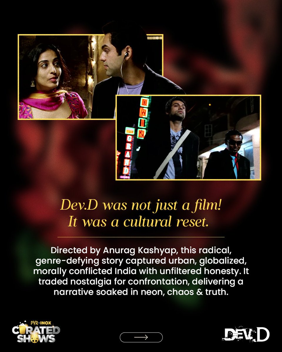 _PVRCinemas's tweet photo. Before messy love stories were a trend, Dev.D made chaos look honest. 🖤
Here’s how it was way ahead of its time.
#DevD now screening at PVR INOX!
Book now: https://t.co/aktyEjTQ8O
.
.
.
#AnuragKashyap #AbhayDeol #KalkiKoechlin #MahieGill #StarStudios #CuratedShows
Credits: T-Series, UTV Motion Pictures & Star Studios.
All rights to the images & content belong to their respective owners.