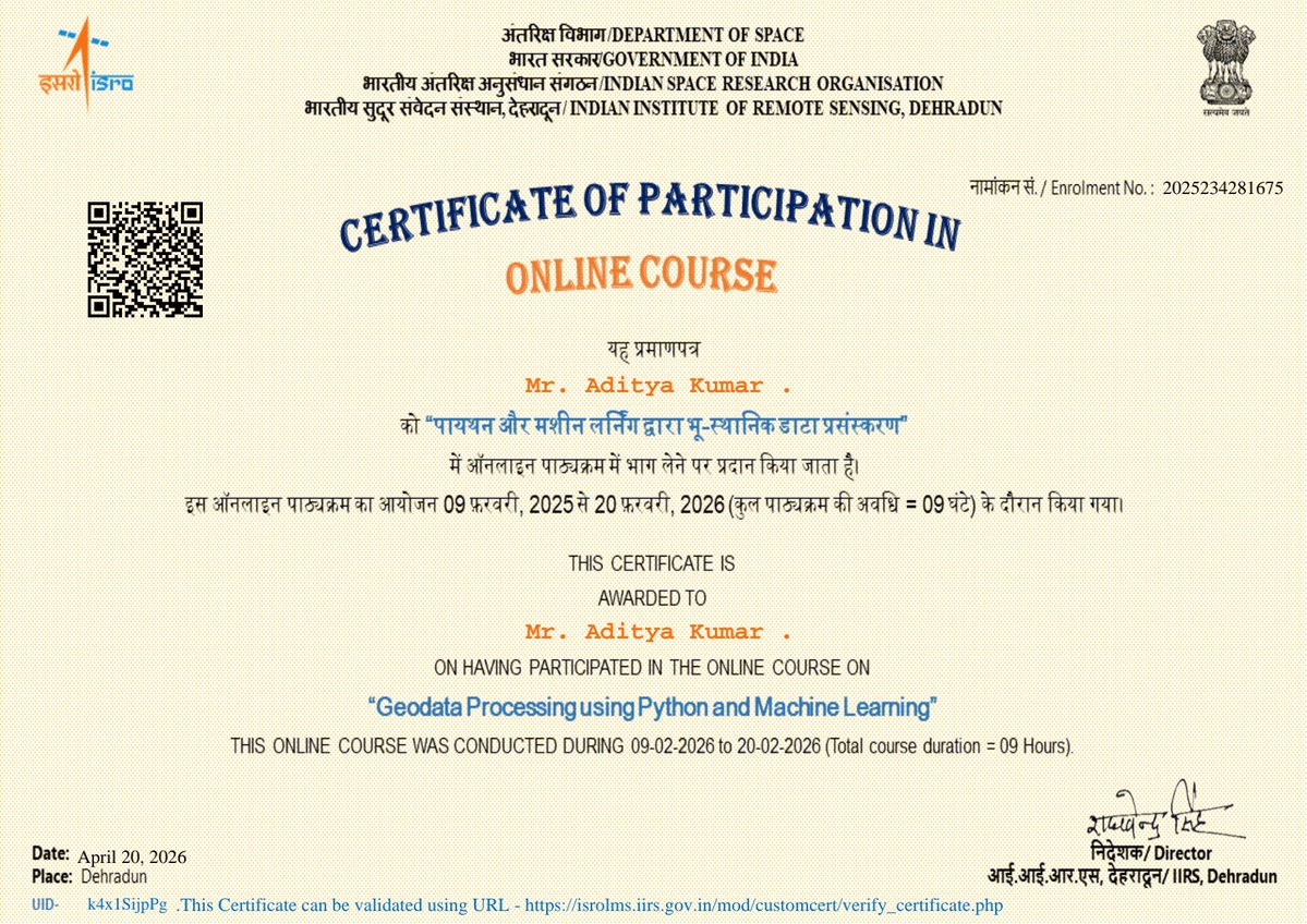 theaditya_kr's tweet image. 🚀 Earned my Geodata Processing using Python &amp;amp; Machine Learning Certificate from ISRO! @isro
@isroiirs
Built strong skills in geospatial data analysis, Python, and ML — excited to apply them to real-world challenges 🌍

#ISRO #MachineLearning #Python