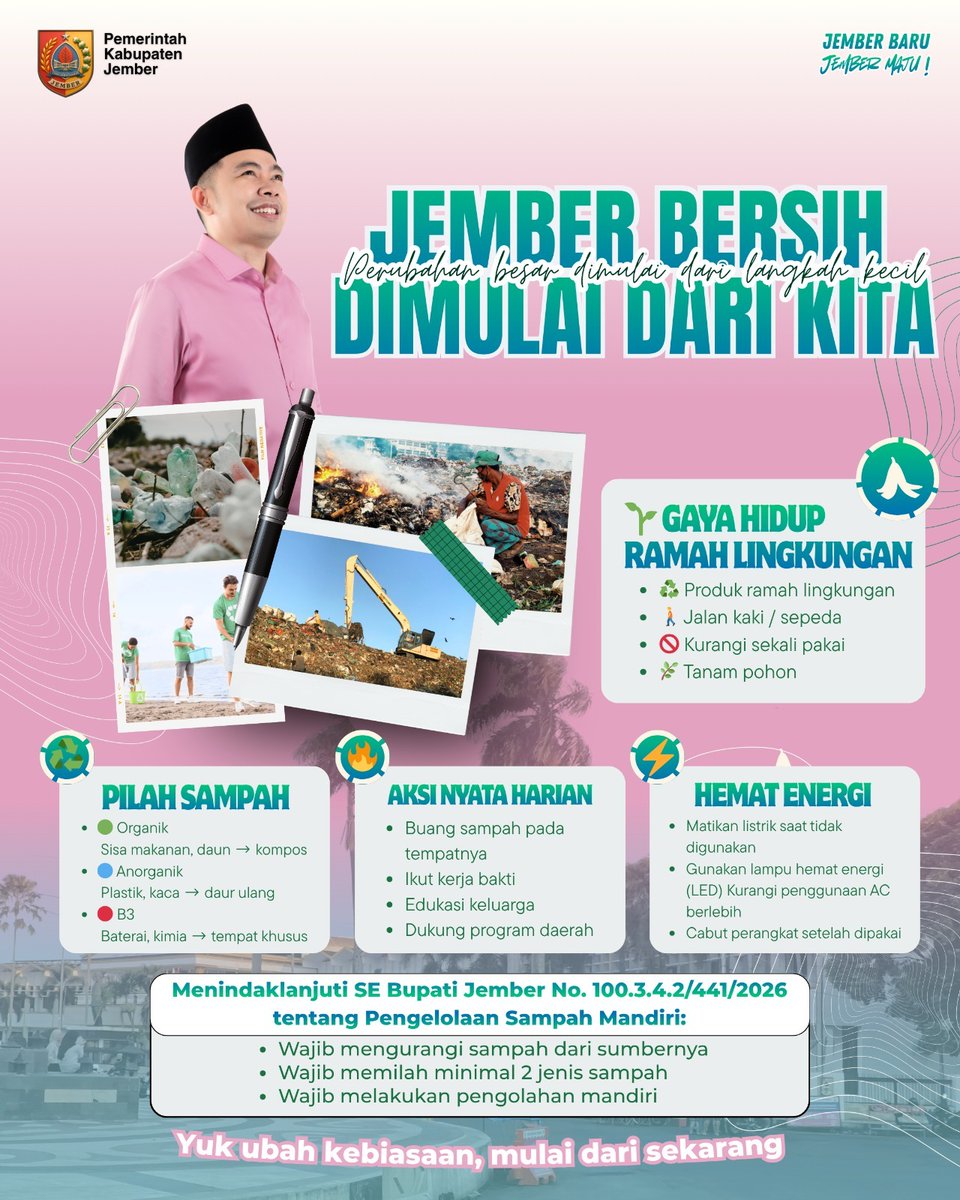 Each_Tanto's tweet photo. 🌱 Jember Wajib Kelola Sampah Mandiri &amp; Hemat Energi!
l 
♻️ Kurangi plastik sekali pakai
🛍️ Bawa tas belanja sendiri
🔋 Gunakan ulang &amp; pilih produk ramah lingkungan
#gusfawait #fawait #bupatijember
#gus.fawait #JemberBaruJemberMaju
#PemkabJember https://t.co/w8GSikd3q6