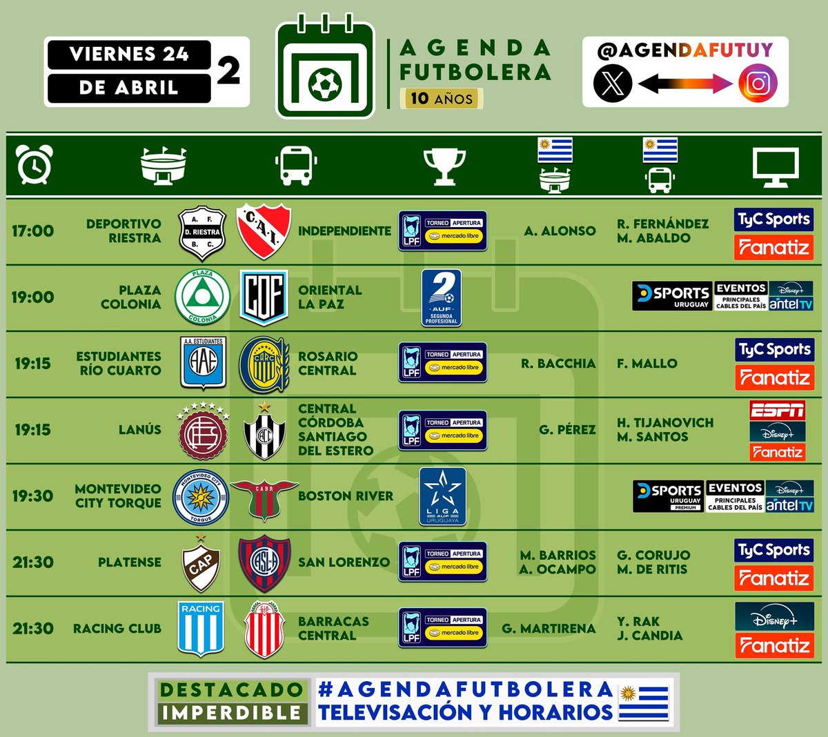 #AgendaFutbolera 🗓️⚽
<a href="/AgendaFutUY/">Agenda Futbolera</a> 👥🔗

📆 VIERNES 24/04

🔜 Comienza a disputarse el fútbol del fin de semana.

→ Actividad de uruguayos 🇺🇾

¡Buena jornada! 👍🏼