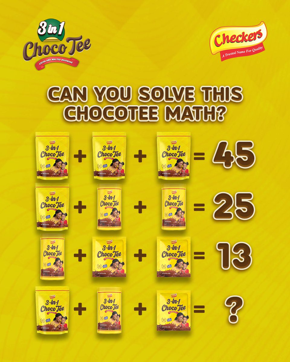 Ready to test your brain and your cravings? 🧠

Look closely… every pack counts 👀
Can you solve the Choco Tee math before someone else beats you to it? 

Drop your answer below ⬇️
Let’s see who gets it right!
#CheckersChocoTee #ChocoTee #ChocoTeeMath #3in1ChocoTee