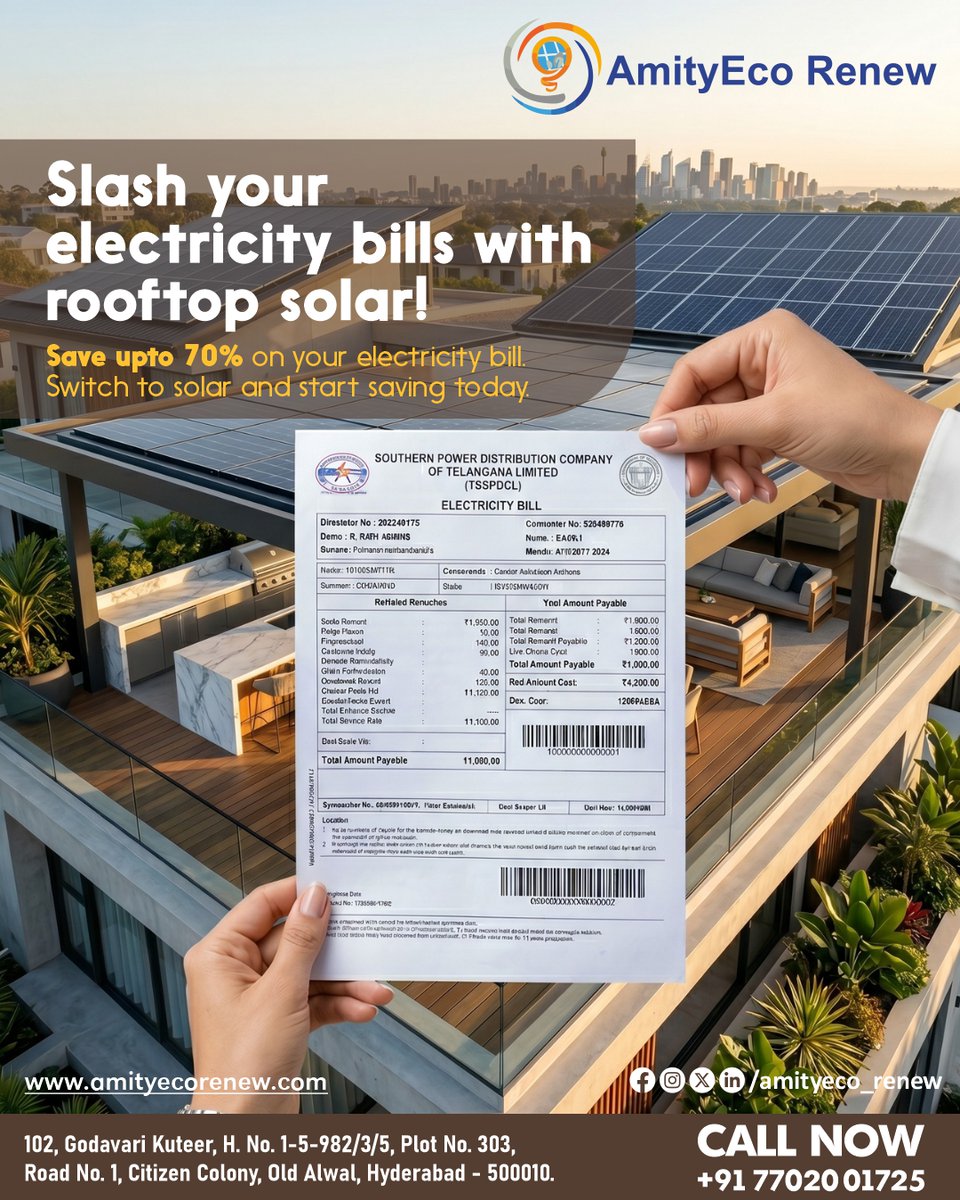 amityeco_renew's tweet image. Cut your electricity bills by up to 70% ⚡☀️
Switch to rooftop solar with AmityEco Renew and start saving today!

📞 +91 77020 01725

#SolarEnergy #GoSolar #SaveMoney #CleanEnergy #SolarIndia #Hyderabad #RenewableEnergy