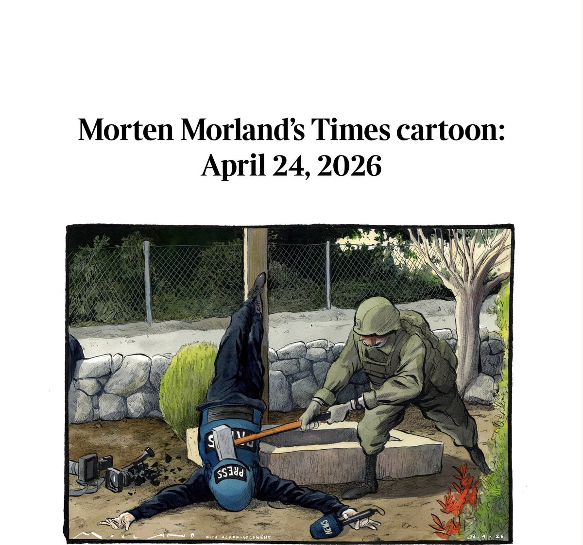 Not a war on journalists, they say. Just a coincidence, enforced again &amp; again. Report, and pay.
Cartoon by <a href="/mortenmorland/">Morten Morland</a>.