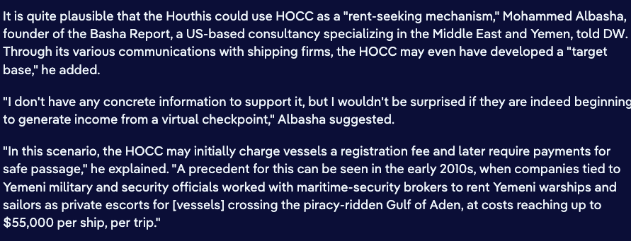 BashaReport's tweet photo. Reporting that the Houthis are discussing a “toll mechanism” in the Red Sea and Gulf of Aden corridor via Bab el-Mandab from @LloydsList’s Matthew Rajendra, quoting Obsidian International’s Joe Sheffer, is nothing new. @BashaReport has been reporting on this since 2024, including published commentary by @dwnews and @CathrinSchaer. Anyhow, with high confidence, the Houthis are not moving at this stage of the conflict to implement transit fees in the Red Sea. https://t.co/KZhBJrC8lC