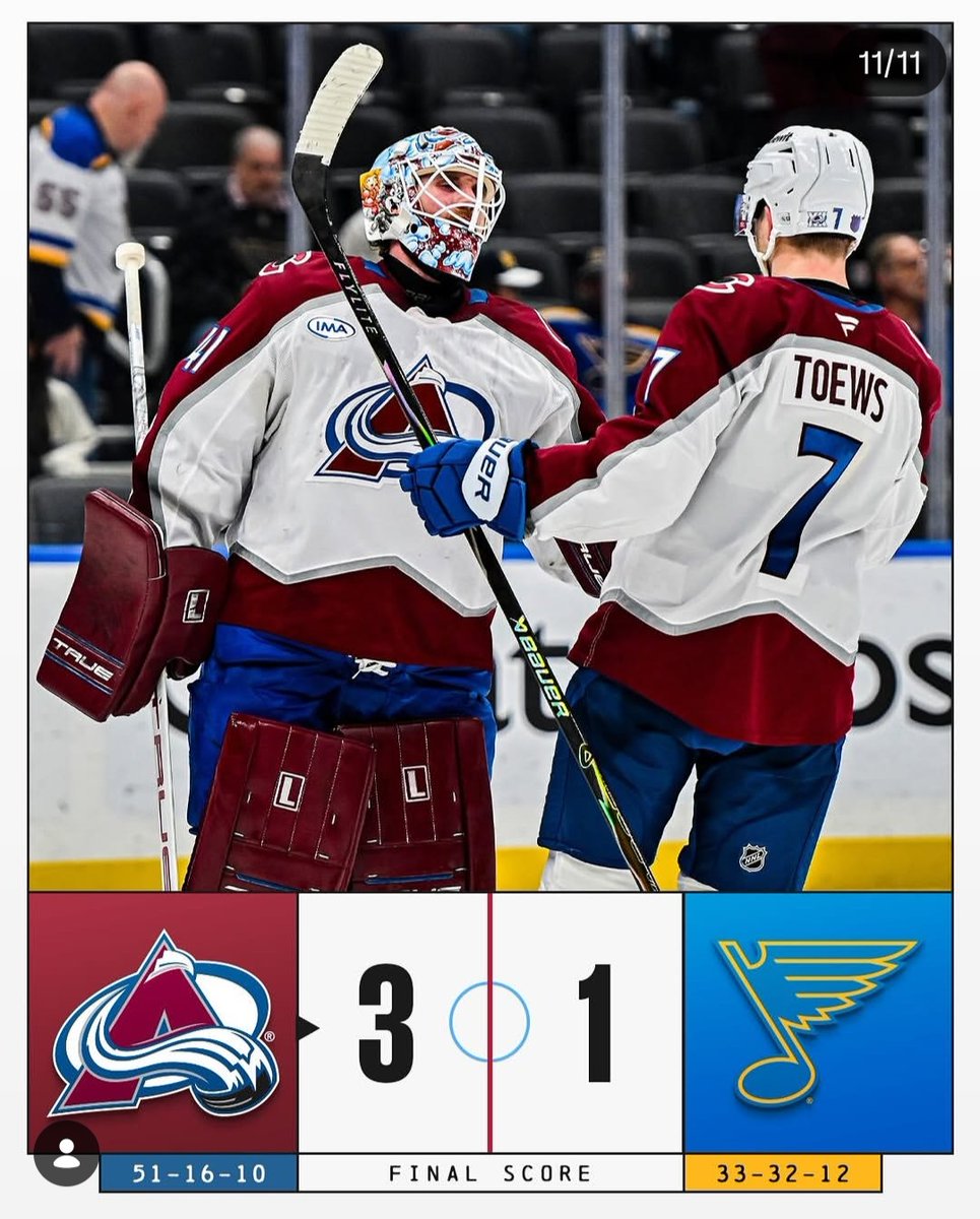 QuintenRommela1's tweet image. COLORADO AVALANCHE VS ST.LOUIS BLUES=3-1
➡️ the colorado avalanche win and go (51-16-10) (1st place in league) (1st place in division)
➡️ the st.louis blues lose and go (33-32-12) (22nd place in league) (5th place in division)
#GOAVSGO #STLBLUES