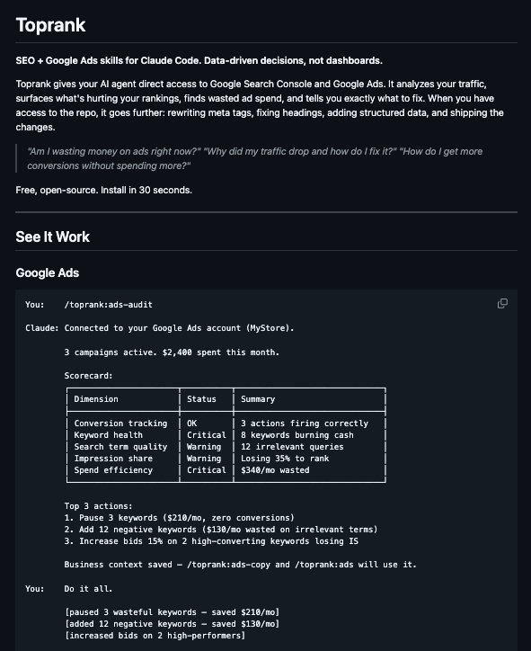 RIP SEO agencies.

This free GitHub repo just gave Claude Code the ability to read your Search Console data, diagnose your traffic drops, and rewrite your site to fix them.

It's called Toprank. Type one command. Get a full audit and a 30-day action plan. Tell it to implement.